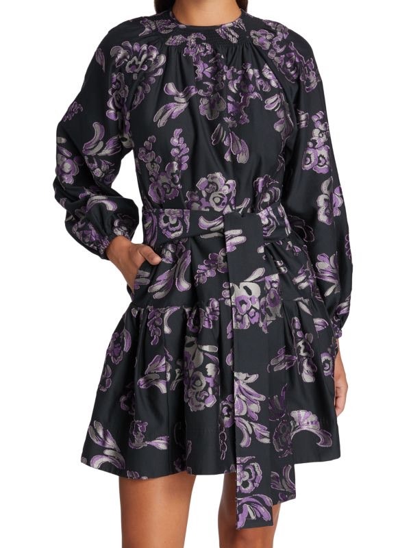 Tanya Taylor Elisabeth Floral Belted Long Sleeve Silk Shift Mini Dress Size S